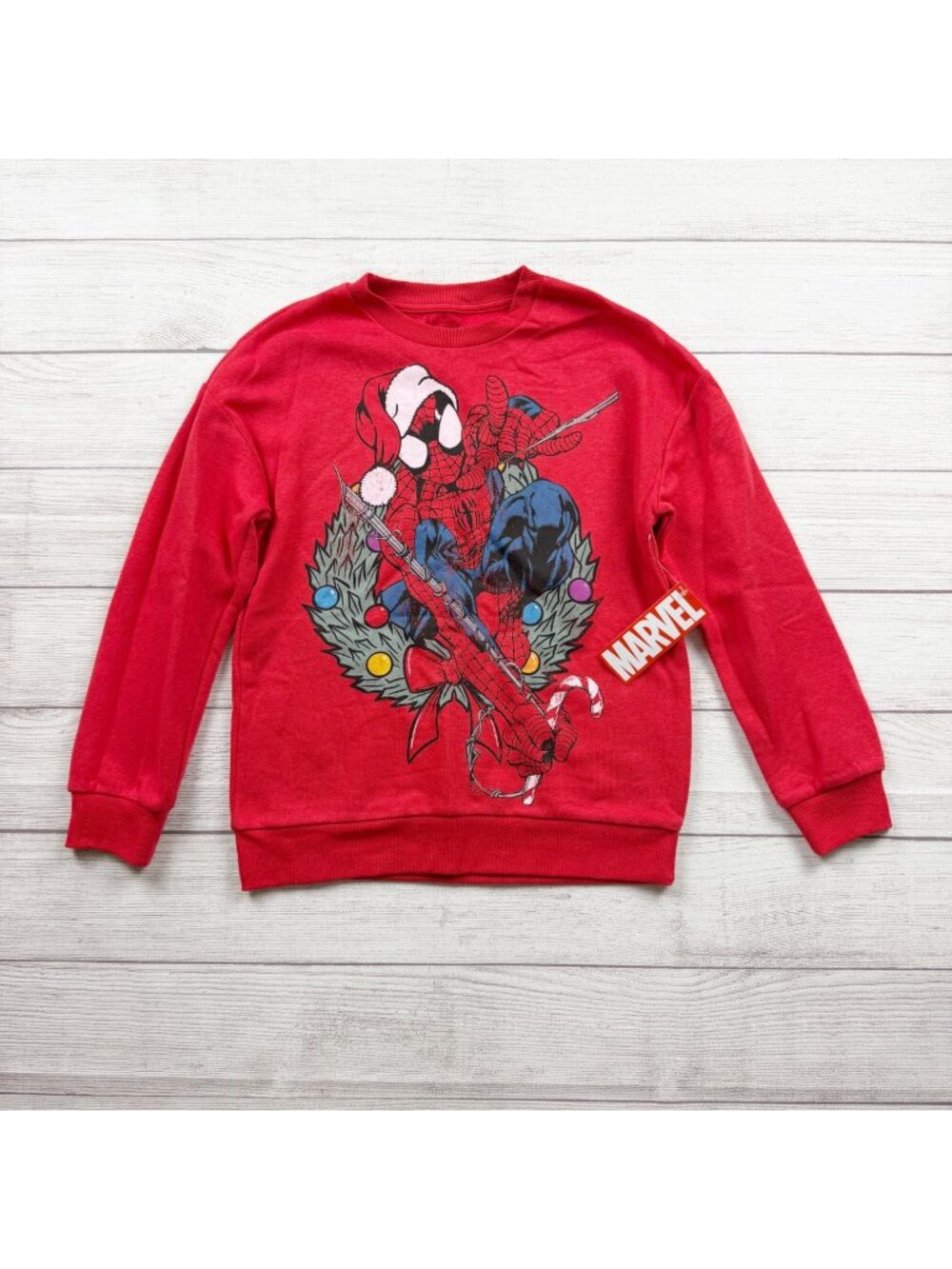Marvel SpiderMan Holiday Graphic Sweatshirt Cozy Crewneck NWT L 10-12 - Picture 1 of 3